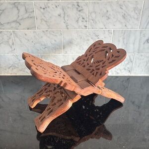 Vintage Carved Wood Folding Book Stand: Ornate Boho Cookbook Holder